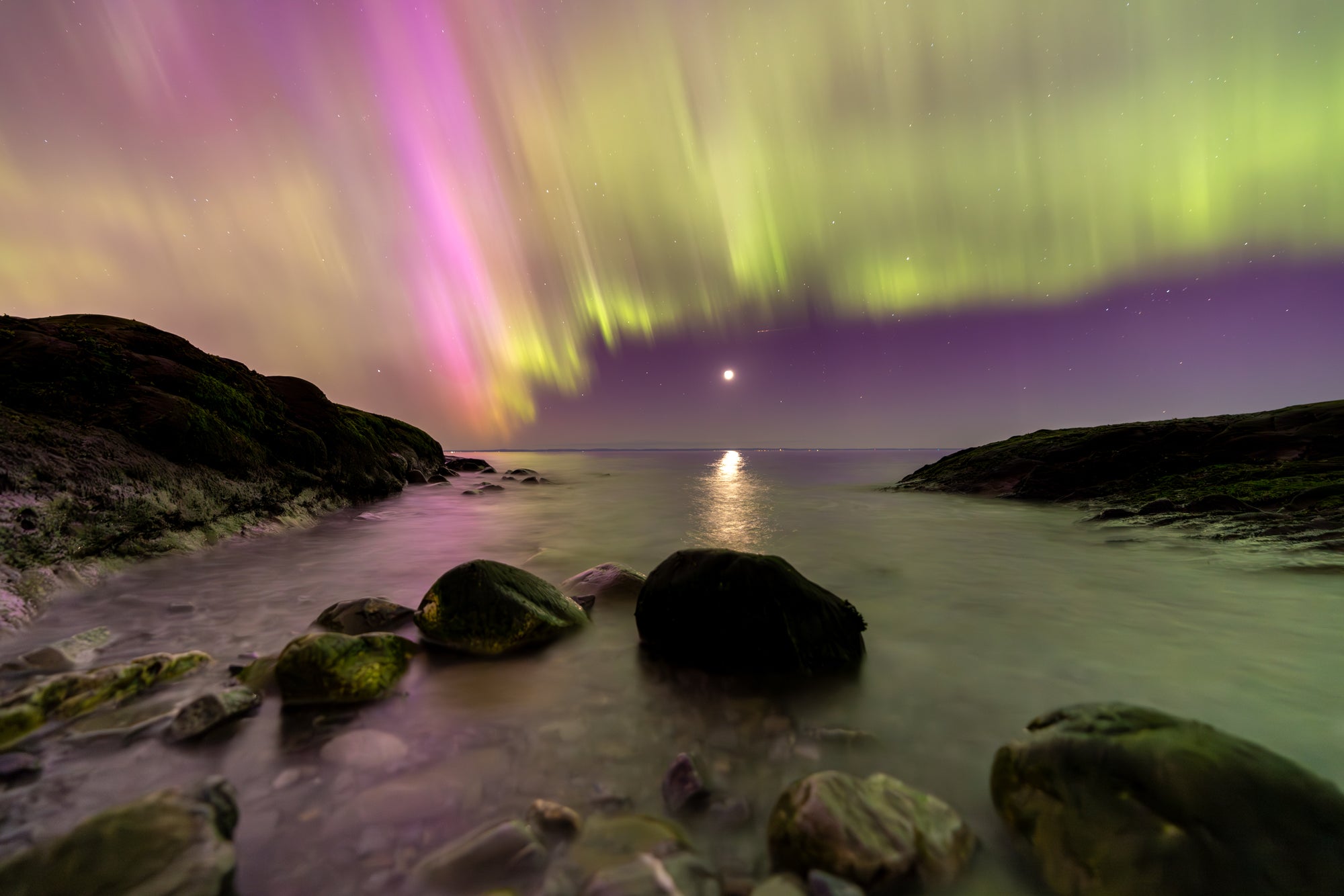 Moonset and Northern Lights